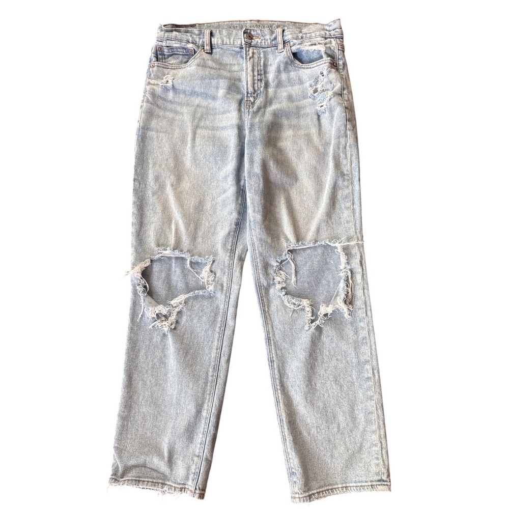 American Eagle Distressed Straight Leg Jeans Women 10 Light Wash Ripped Denim